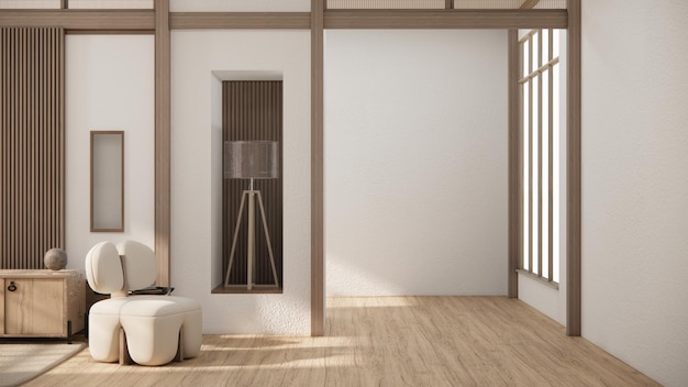 Muji style Empty wooden roomCleaning japandi room interior 3D rendering