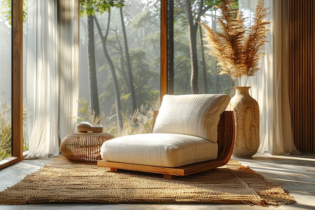 A muji style living room with an armchair and minimal decor in warm colors