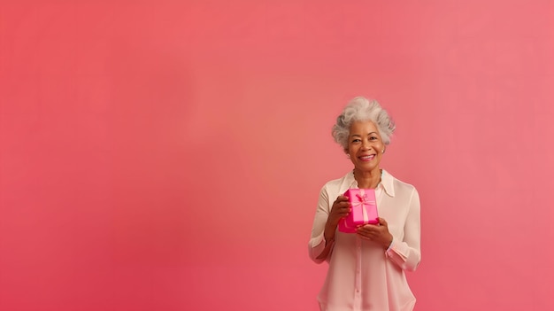 mulher idosa sorridente segurando um presente rosa com fita dia das maes mothers day