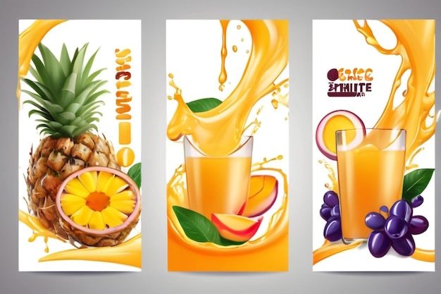 Photo mulitivitamin juice with fresh exotic fruits and splashing liquidwhole and sliced pineapple