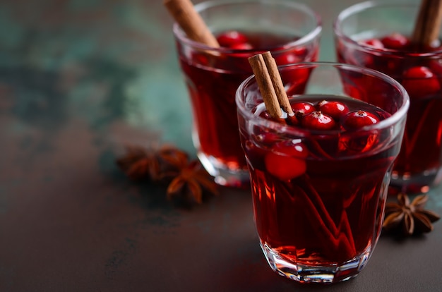 Mulled red wine with cranberries and spices.