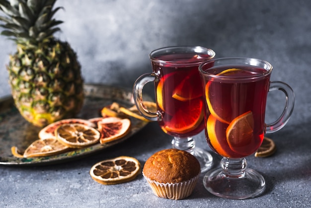 mulled wine a delicious holiday with spices from orange cinnamon and star anise. Traditional hot drink