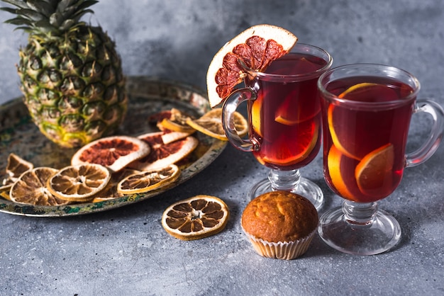 mulled wine a delicious holiday with spices from orange cinnamon and star anise. Traditional hot drink