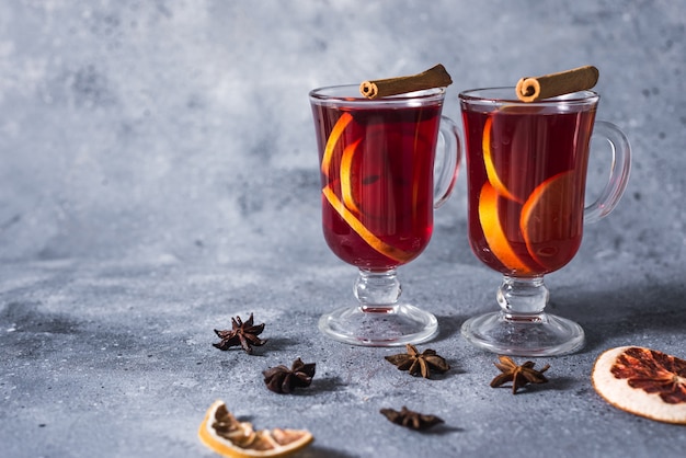 mulled wine a delicious holiday with spices from orange cinnamon and star anise. Traditional hot drink