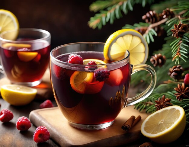 Mulled wine gluhwein or grof with lemon cardamon anise and cynnamon with berries as Christmas warm p