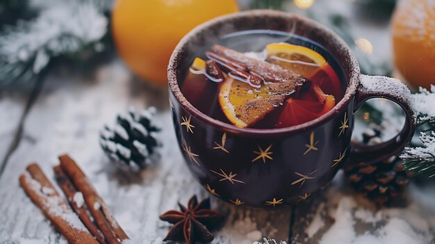 Photo mulled wine holiday with orange and cinnamon sitting in a cup