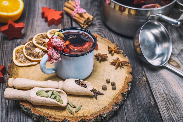 Mulled wine in an iron mug 