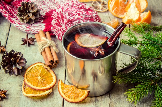 Mulled wine. Selective focus. Christmas drinks. Food.