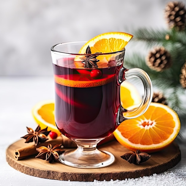 Photo mulled wine winter drink with spices on festive new year background christmas tea with cinnamon