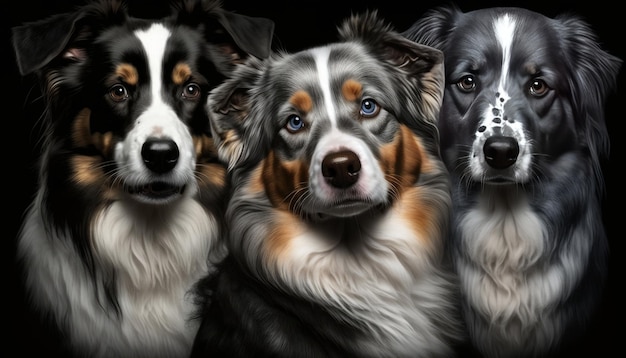 Multi Black Australian Shepherd Dogs portrait black background generative AI