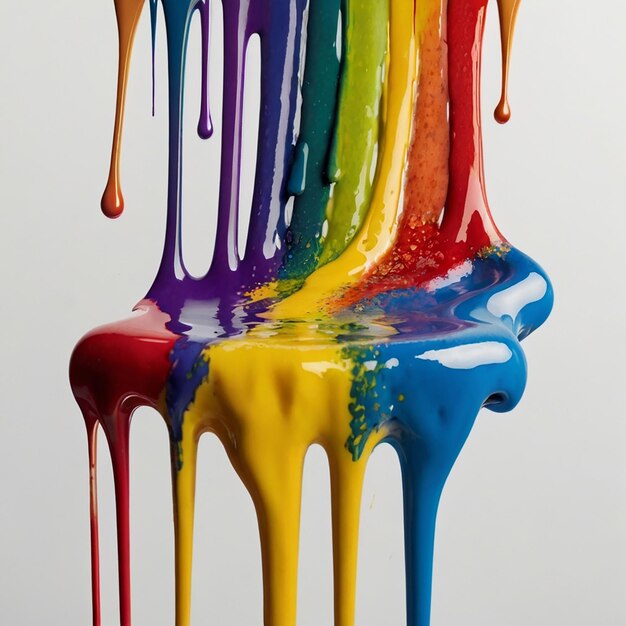 Multi color paint dripping on white background