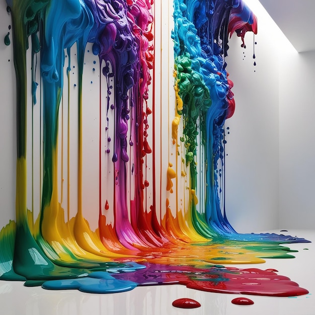 Multi color paint dripping on white background