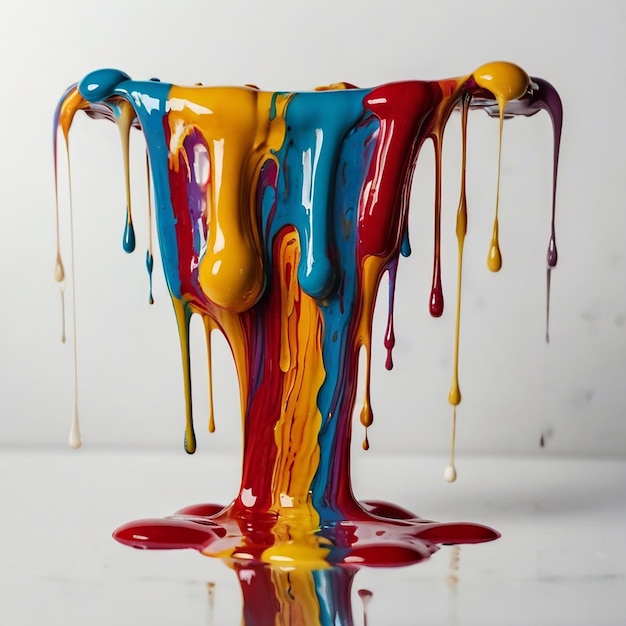 Photo multi color paint dripping on white background