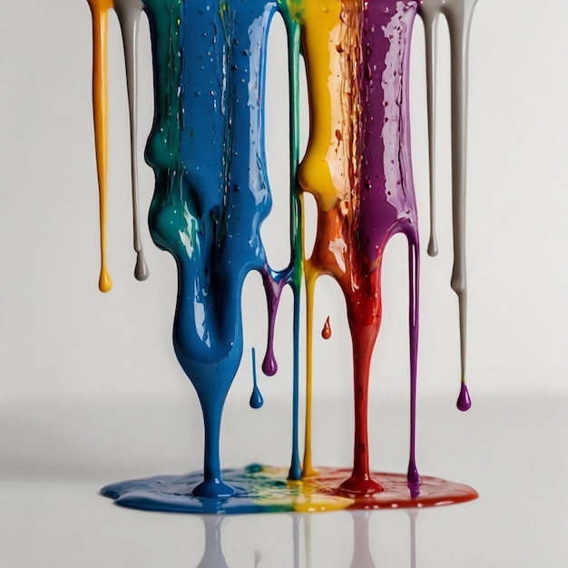 Multi color paint dripping on white background