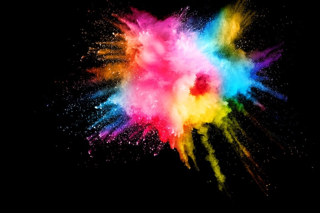 Multi color powder explosion on black background. Launched colorful dust  particles splash