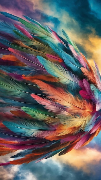 Photo multi colored abstract background with vibrant flying feathers generated by