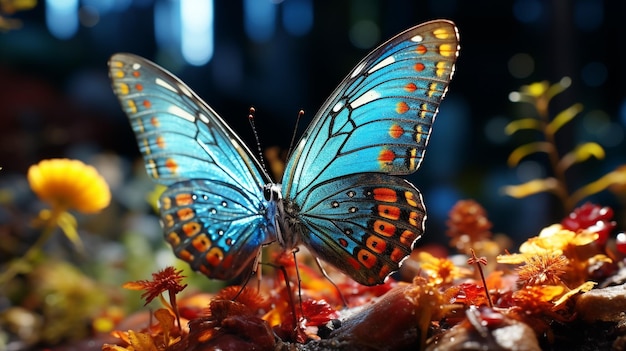 Multi colored butterfly flies among vibrant nature beauty