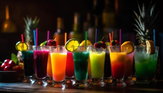 Multi colored cocktails on table perfect summer refreshment generated by AI