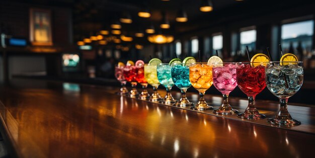 multi-colored cocktails with fruits on the bar Generative AI