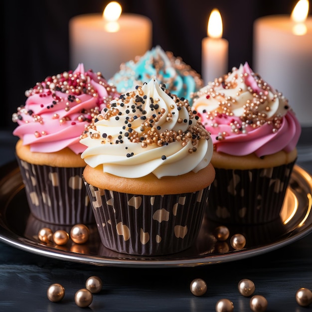 Multi colored cupcakes with sweet icing and chocolate decorations for celebration