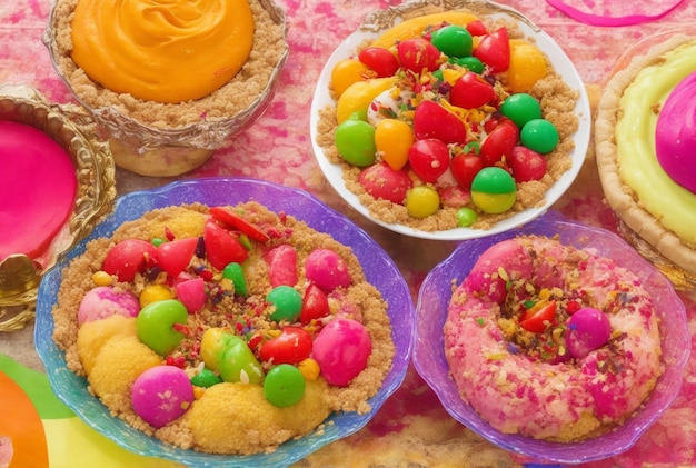 Multi colored decorations adorn the homemade Indian dessert