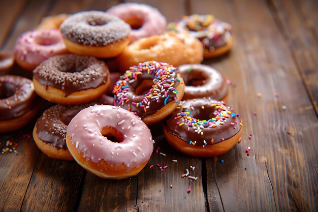 Multi colored donut heap on rustic wood table generated