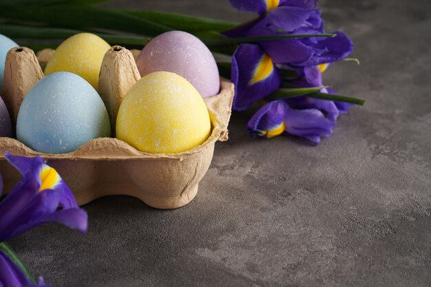 Multi colored Easter eggs in a cardboard box and fresh flower on a wooden surface, space for text. Close-up  Happy Easter concept.