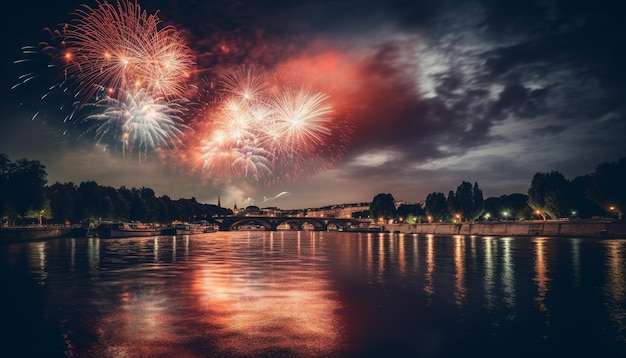 Multi colored fireworks illuminate city skyline at night generated by AI