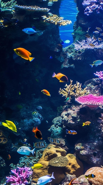 Multi colored fish swimming in a vibrant coral reef