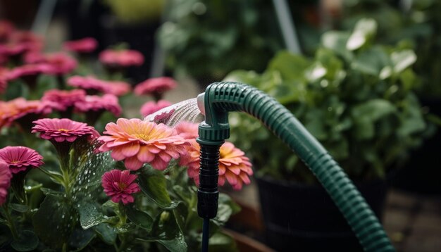 Photo multi colored flower head is wet from liquid generated by ai