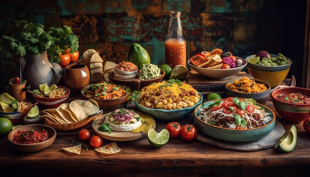 Multi colored guacamole on rustic wood bowl generated by AI