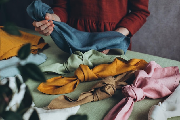 Multi-colored linen napkins are chosen for setting the festive table