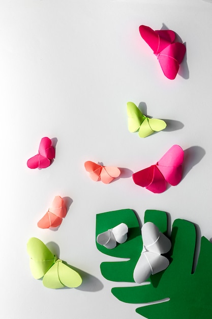 Multi-colored origami butterflies from above