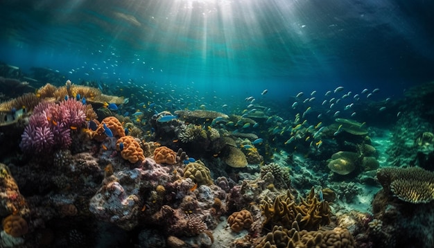 Multi colored reef fish swim in tropical water generated by AI