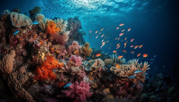 Multi colored sea life in idyllic underwater Caribbean landscape generated by artificial intelligence