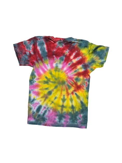 Multi-colored stylish T-shirt with short sleeves in tie dye style isolated on a white background. Flat lay.