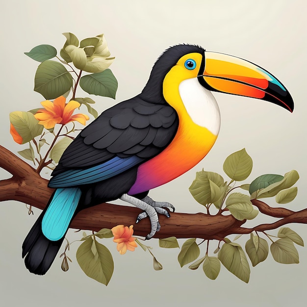 Multi colored toucan perched on branch generative AI