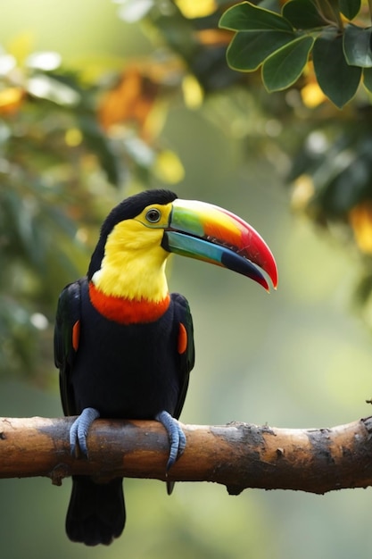 Multi colored toucan perched on branch