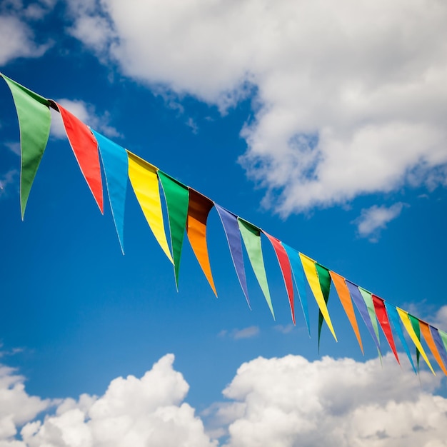 Multi colored triangular flags on blue sky background