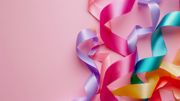 Multi colorful ribbons on pink background cancer aware