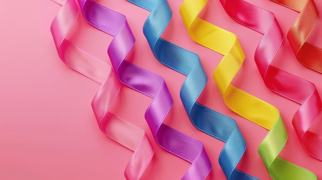 Multi colorful ribbons on pink background cancer aware