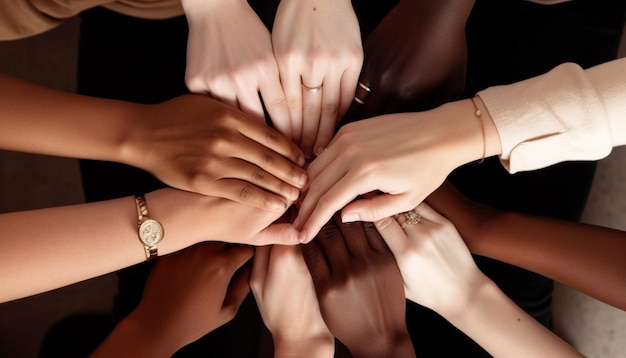 Multi ethnic group celebrates success holding hands in solidarity generated by AI