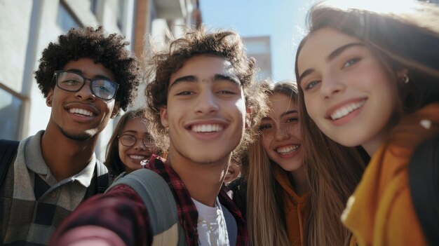 Multi ethnic student guys and girls taking selfie Multi racial group of young people