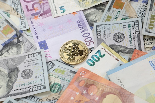 Multi Euro Dolar cash and coin Different type of new generation banknotes bitcoin turkish lira