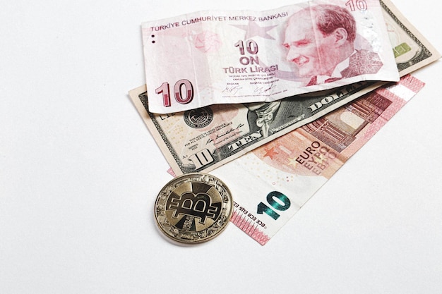 Multi Euro Dolar cash and coin, Different type of new generation banknotes, bitcoin, turkish lira