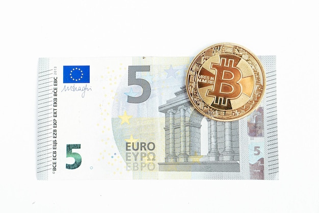 Multi Euro Dolar cash, Different type of new generation banknotes, bitcoin