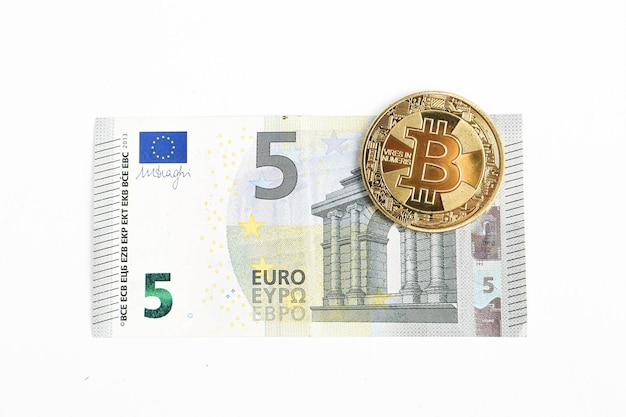 Multi Euro Dolar cash, Different type of new generation banknotes, bitcoin