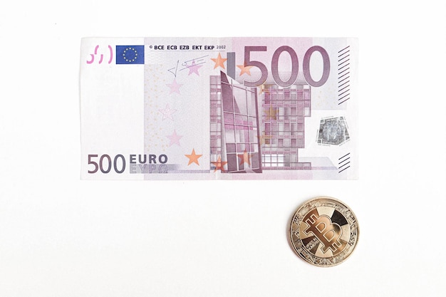 Multi Euro Dolar cash, Different type of new generation banknotes, bitcoin