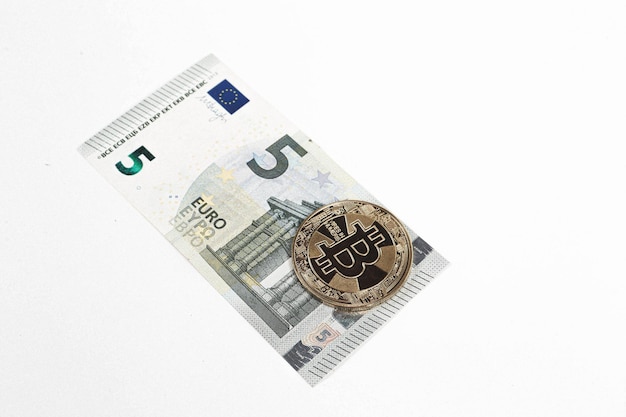 Multi Euro Dolar cash, Different type of new generation banknotes, bitcoin