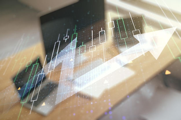 Multi exposure of abstract financial diagram with upward arrow and modern desk with computer on background rise and breakthrough concept